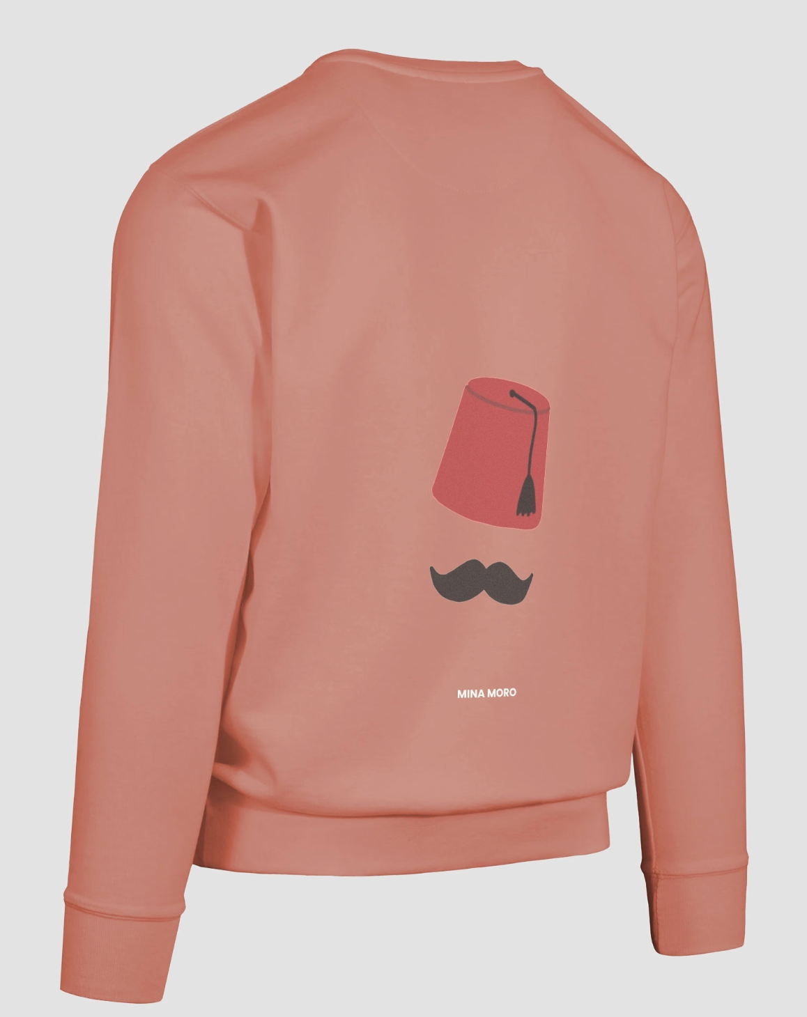 Clay-coloured sweatshirt with a tarboosh and moustache print on the back
