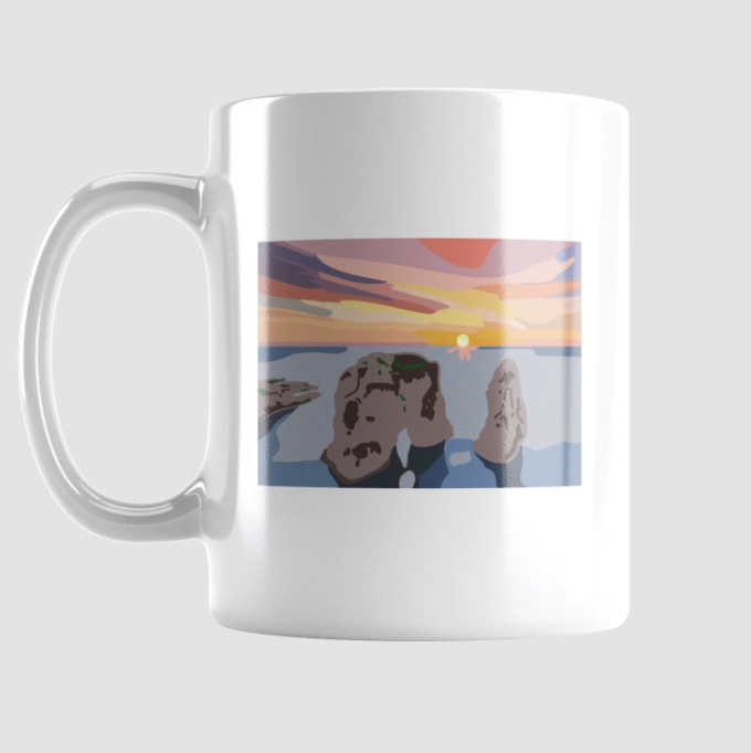 White ceramic mug with a stylised Raouché rocks sunset illustration
